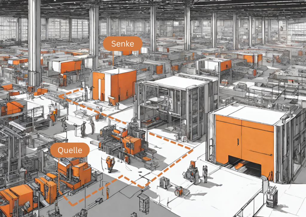 Dies ist eine Illustration einer Fabrikhalle mit orangefarbenen Maschinen und Arbeitern. Die Maschinen sind in Reihen angeordnet und es gibt Arbeiter, die auf dem Boden herumlaufen. Der Hintergrund ist ein großes Lagerhaus mit Fenstern und Säulen. Das Bild ist in einem skizzenhaften Stil mit orangen und grauen Tönen. Es gibt zwei Sprechblasen im Bild, eine liest “Senke” und die andere “Quelle”.