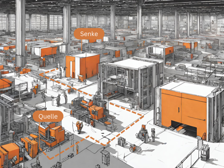 Dies ist eine Illustration einer Fabrikhalle mit orangefarbenen Maschinen und Arbeitern.